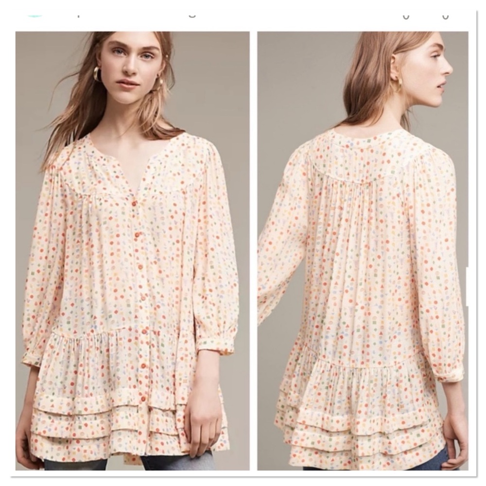 Anthropologie Maeve Paccia Tunic Blouse Top Button Up Front Peach Multicolour S